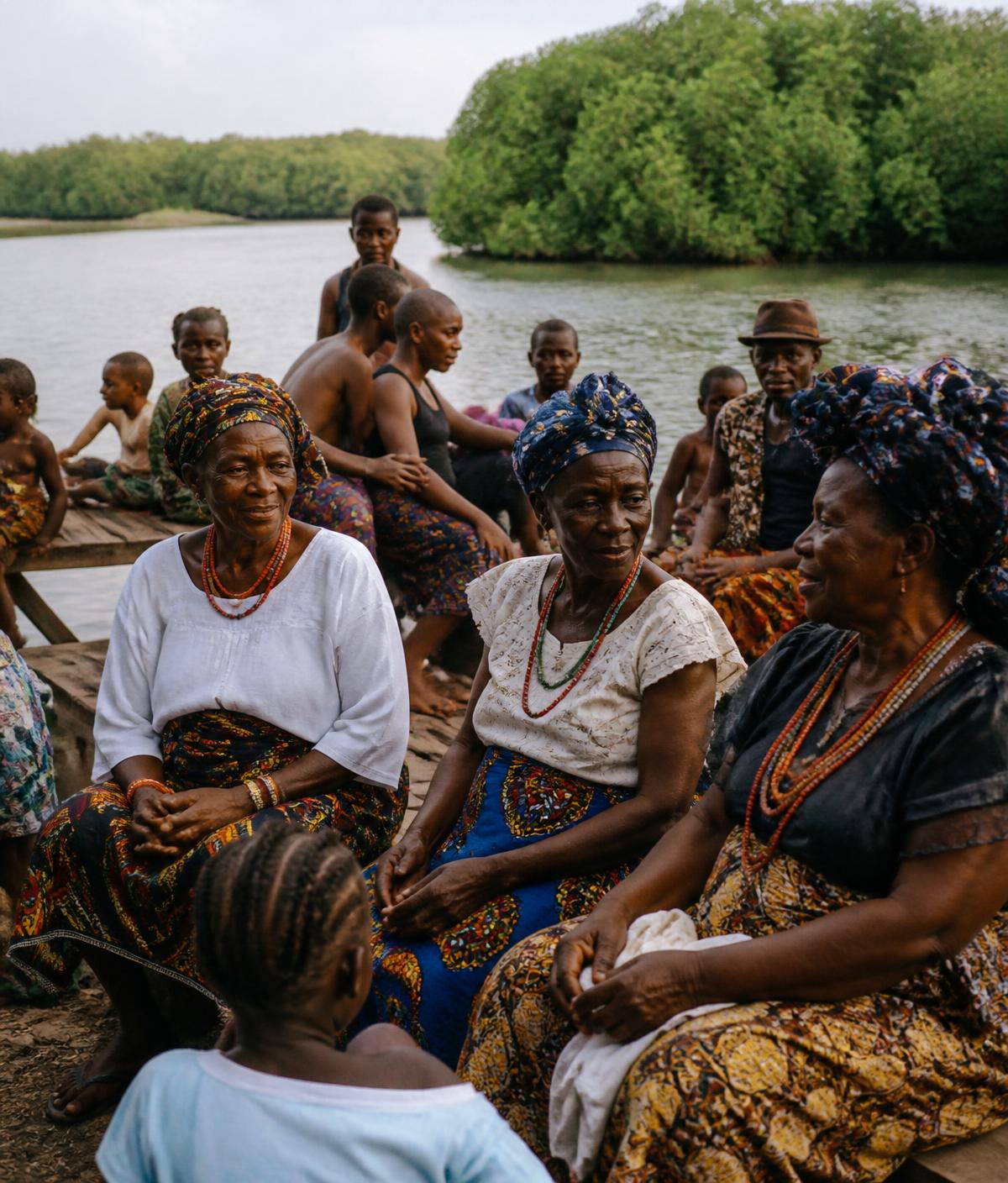 Community elders and children gathered by a waterside jetty in colourful traditional wrappers