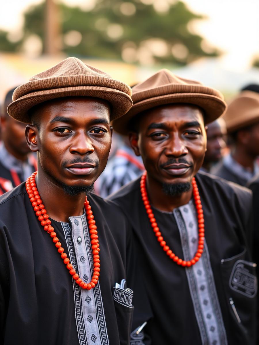 Two men in traditional etibo shirts, bowler hats and coral beads at a cultural gathering