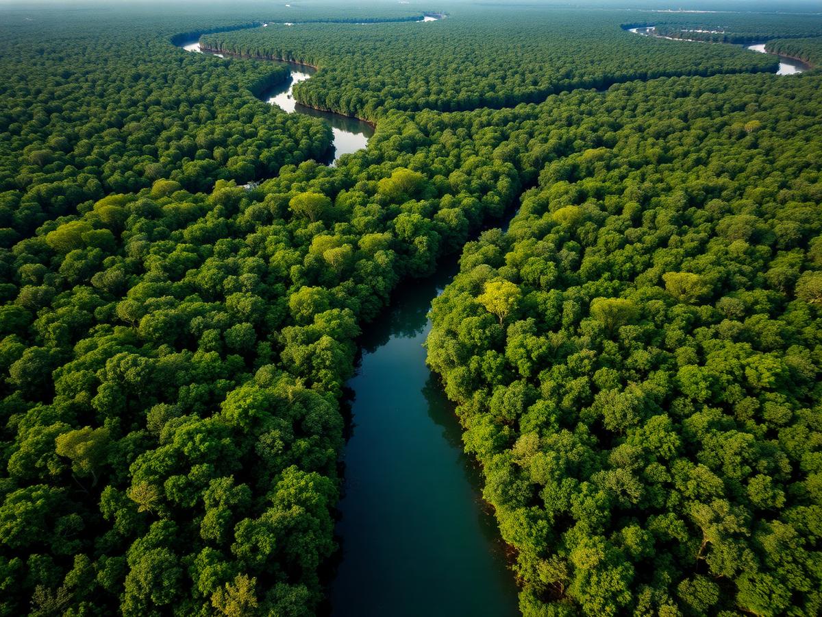 Aerial view of mangrove forest cut through by winding blue water channels